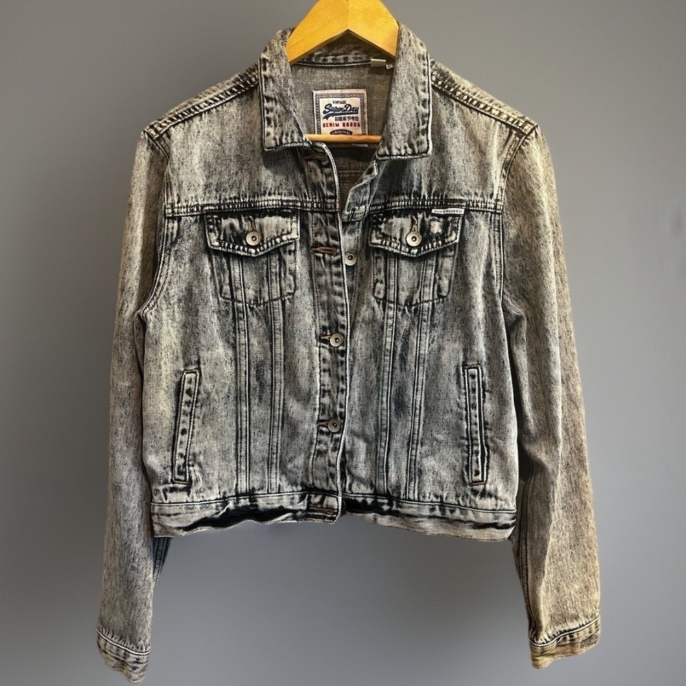 Superdry Denim Jacket Womens 10 Acid Wash Blue Distressed Trucker Vintage Style